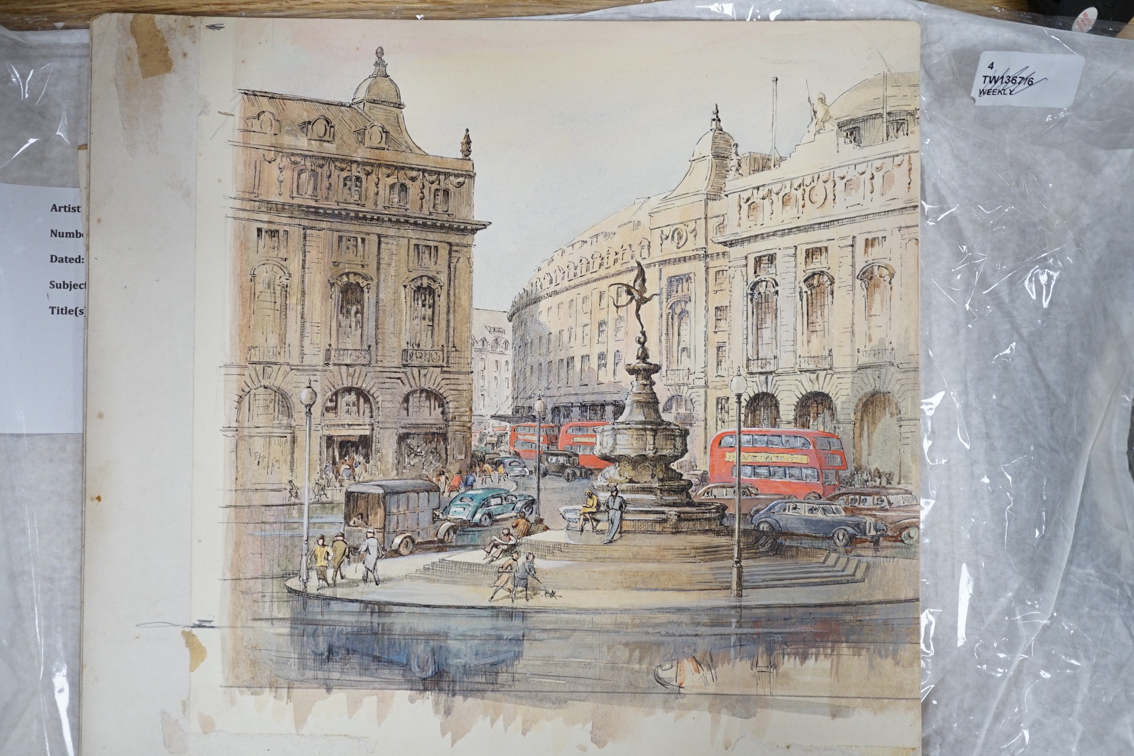 Adeline Margery Barker (1888–1970), set of four ink and watercolour designs for artwork, London street scenes, 31 x 31cm, unframed